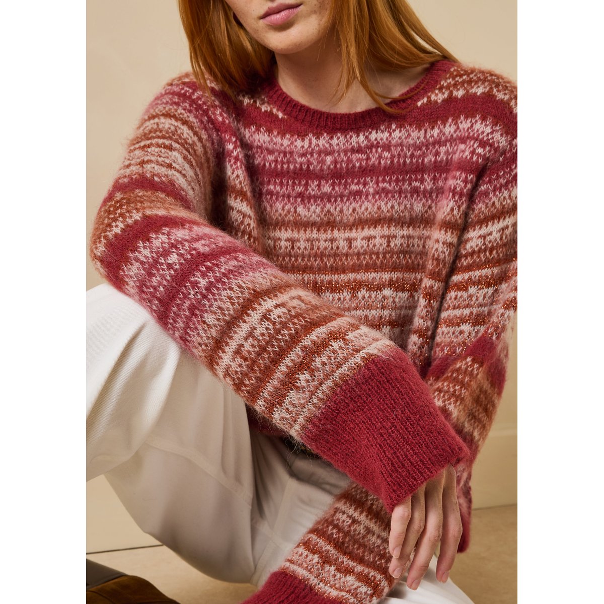 Pull manches longues en jacquard col rond brique, LA FEE MARABOUTEE