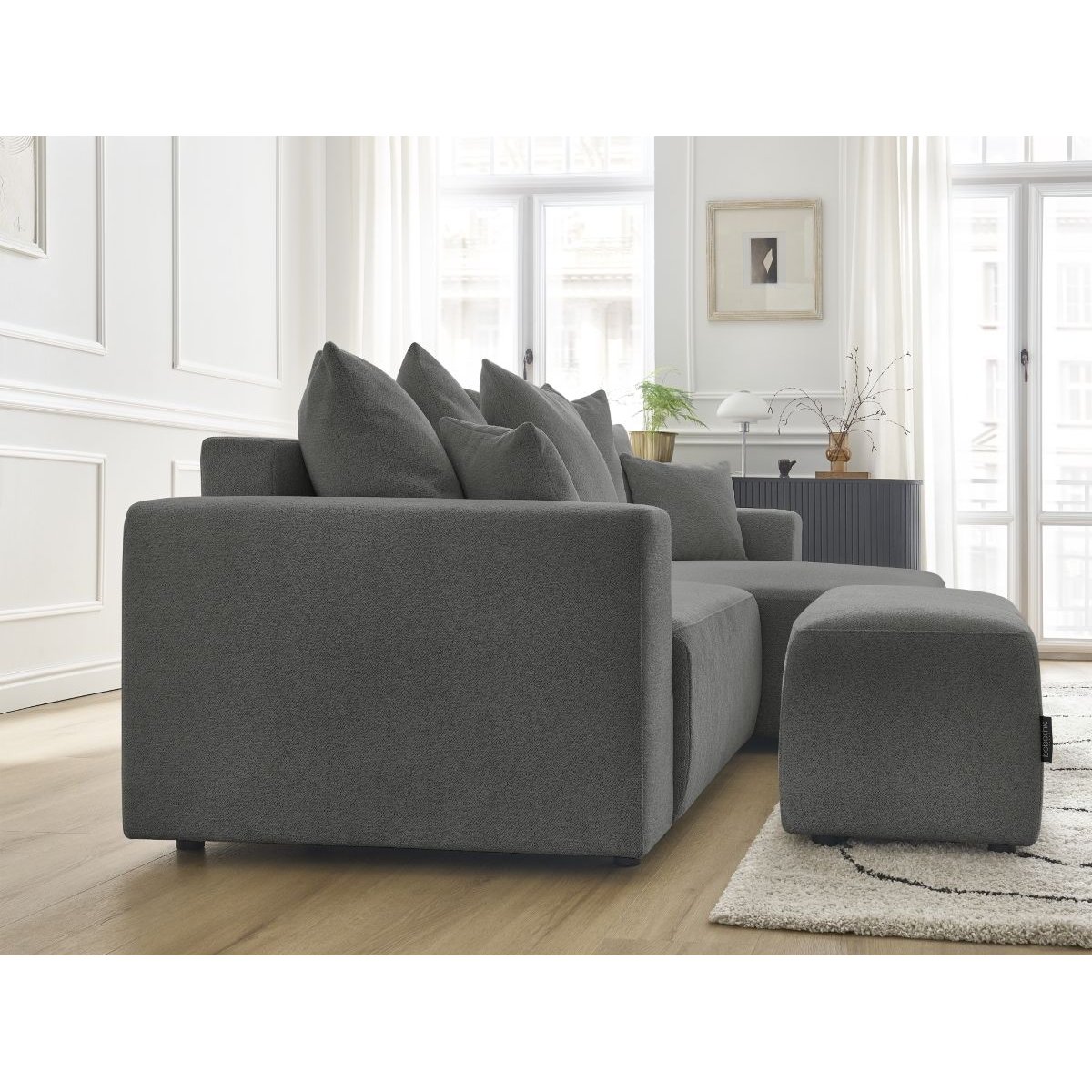 Canapé d'angle convertible 5 places en tissu chiné avec pouf, ATILLA gris foncé, BOBOCHIC