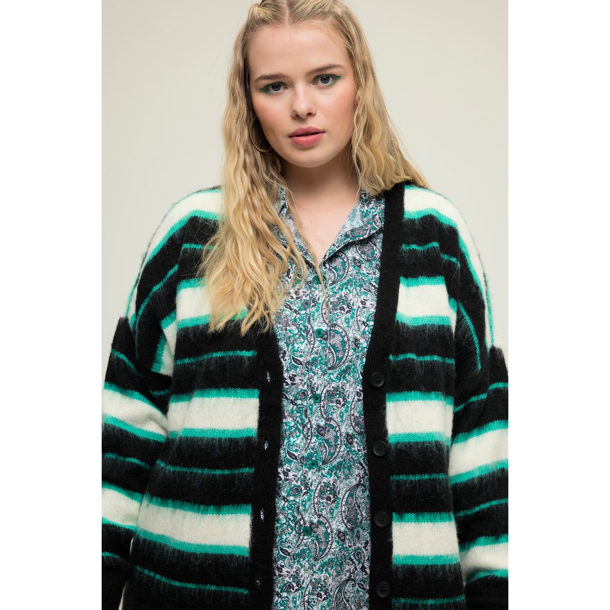 Cardigan, oversized, rayures, col V bleu turquoise, STUDIO UNTOLD