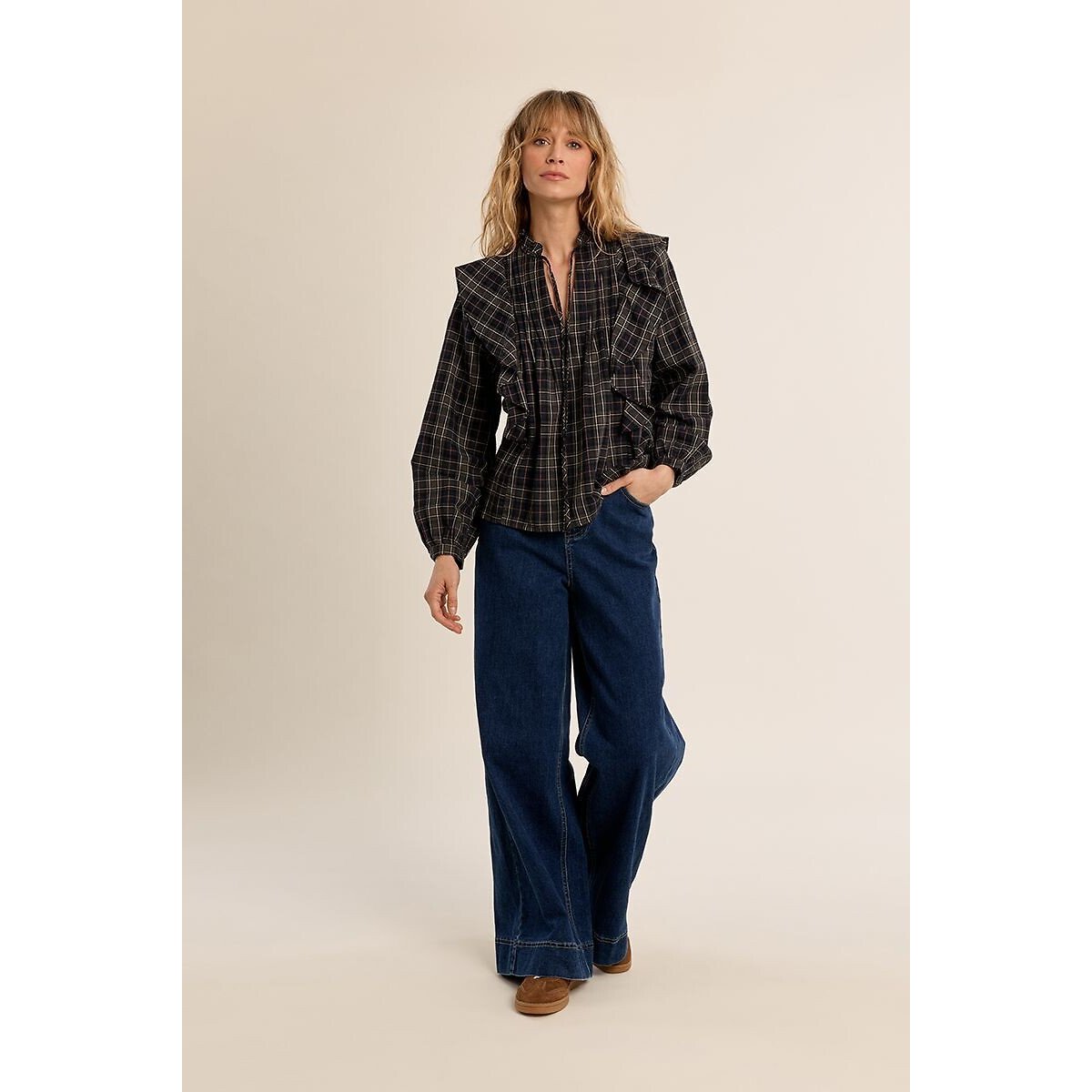 Geruite blouse met ruches geruit blauw, MOLLY BRACKEN