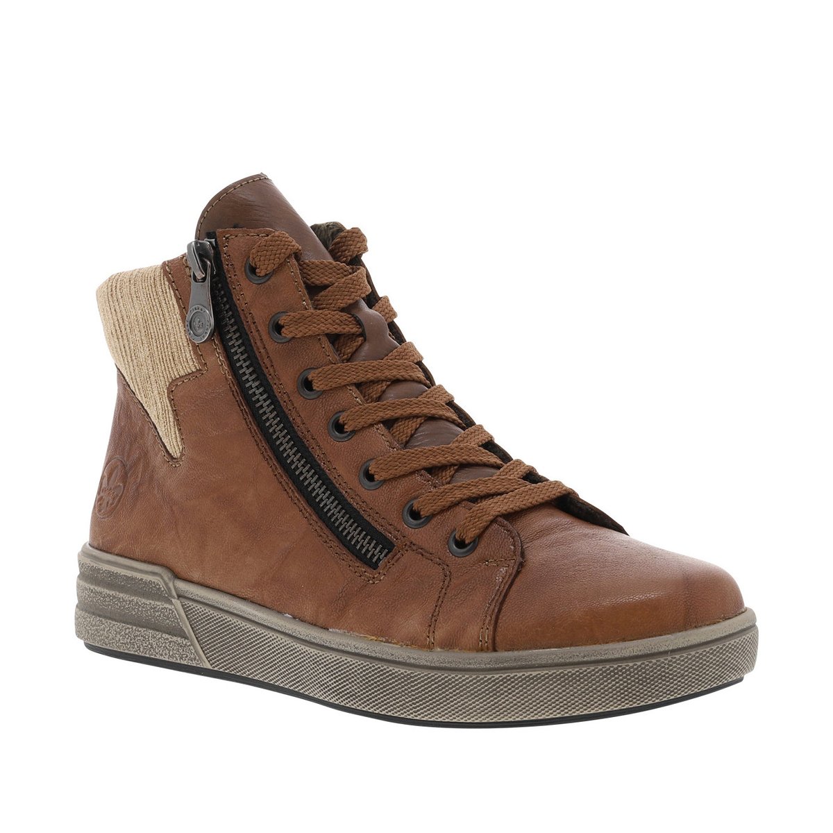 Bottines en cuir cognac à talon plat avec des lacets et un zip latéral cognac, RIEKER