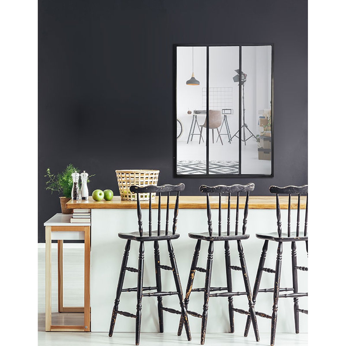 Miroir industriel 3 bandes métal 90x120cm noir, EMDE