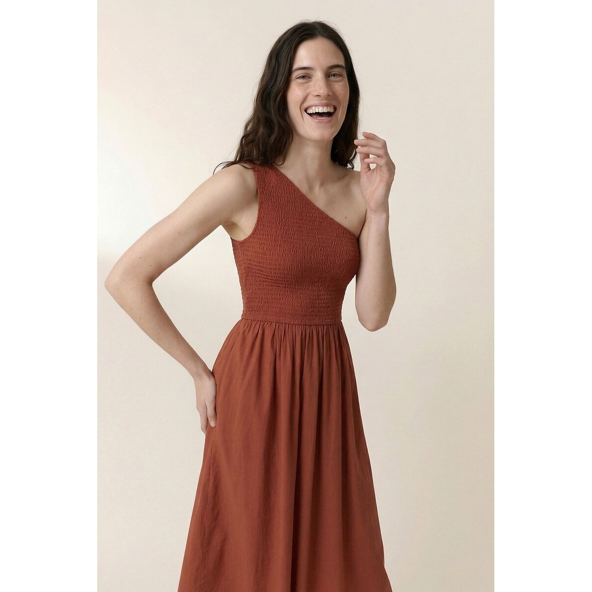 Rahul Asymmetric Midi Dress with Smocked Detail terracotta, LEON & HARPER