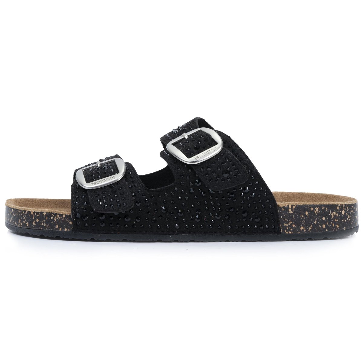 Sandales à doubles brides ultra confortables, semelle intérieure cuir noir, ISOTONER