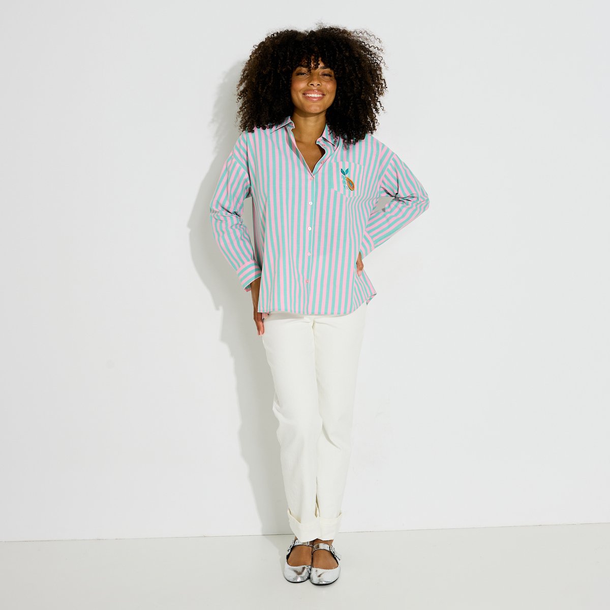 Chemise rayée broderie papaye rose, GRAIN DE MALICE