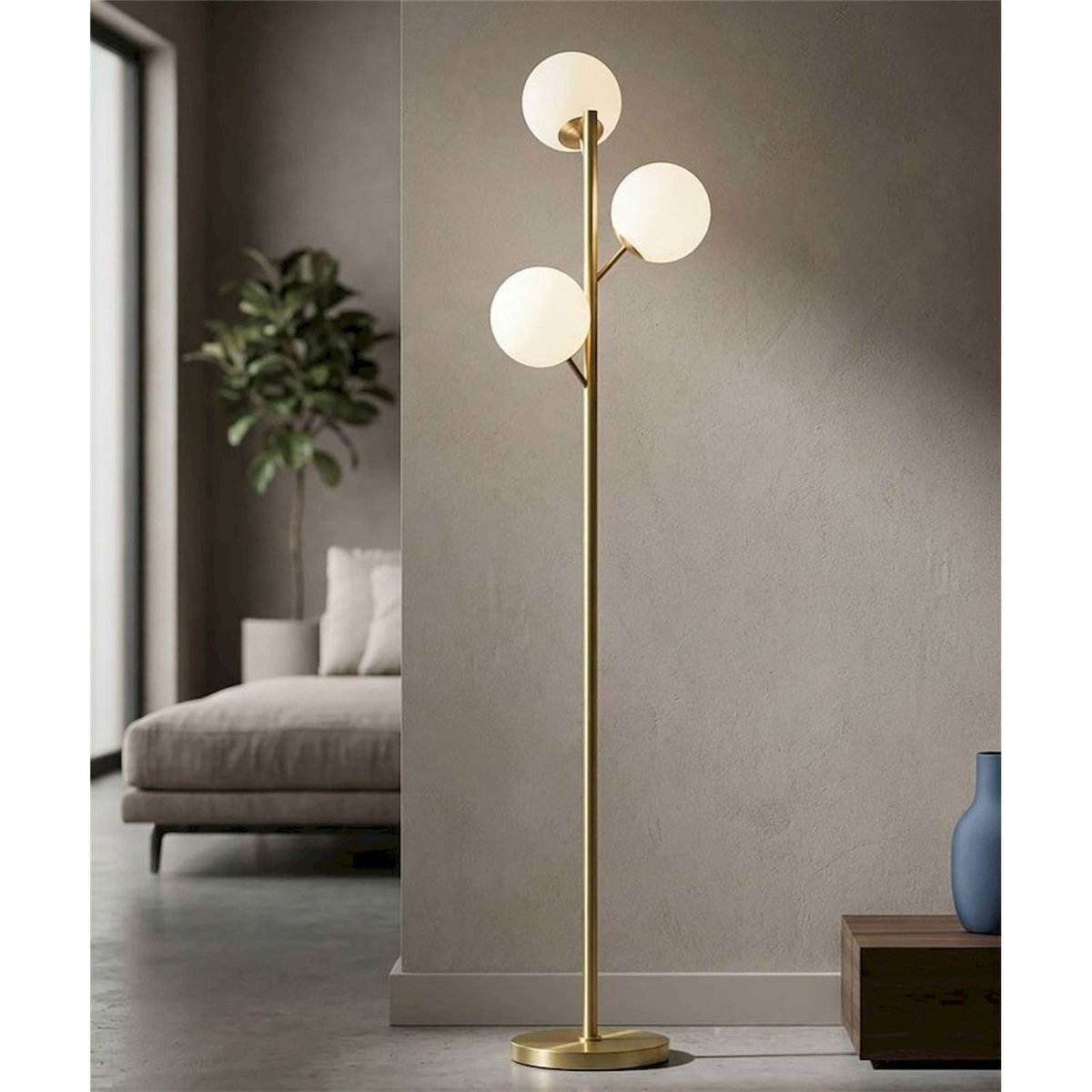 Lampadaire 3 globes en verre et fer GLAM doré et blanc, RECOLLECTION