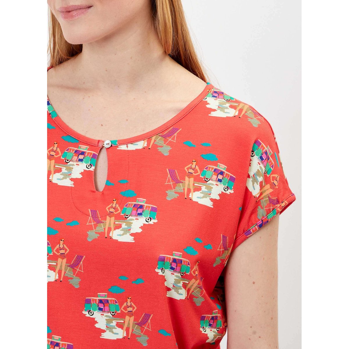 Top imprimé fluide motif rétro MIA rouge caravane, PRINCESSE NOMADE