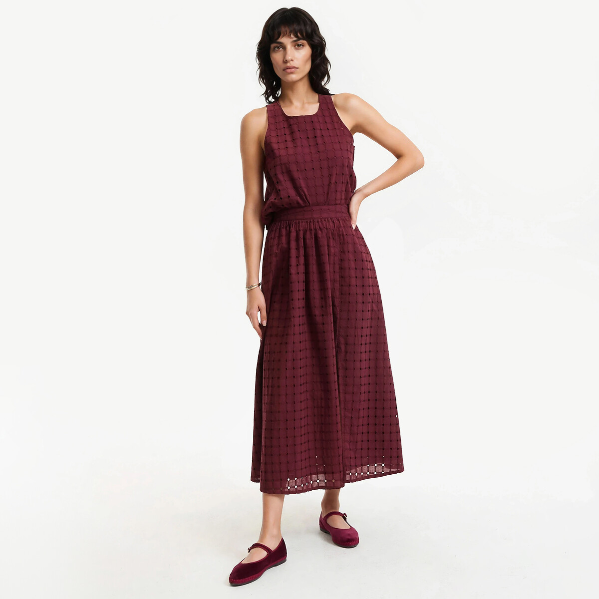 Jupe midi évasée en broderie anglaise marron, LA REDOUTE COLLECTIONS