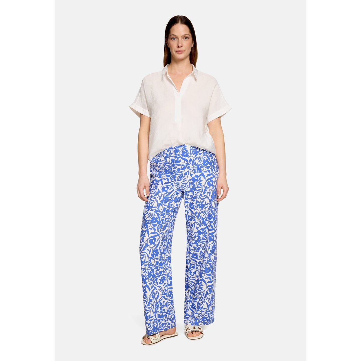 Pantalon en lin à taille élastique blanc/bleu, BETTY BARCLAY