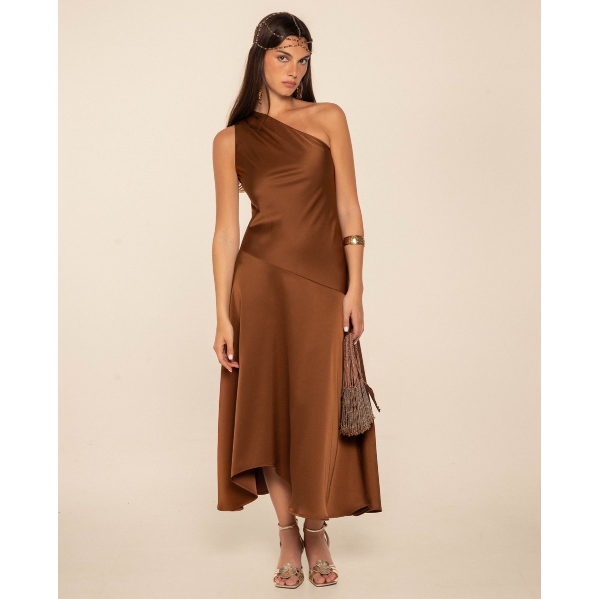 Robe midi couleur prune à décolleté asymétrique marron, THE-ARE