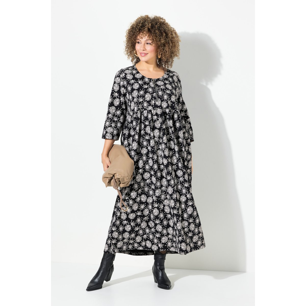 Robe midi en jersey à col rond et manches noir, ULLA POPKEN