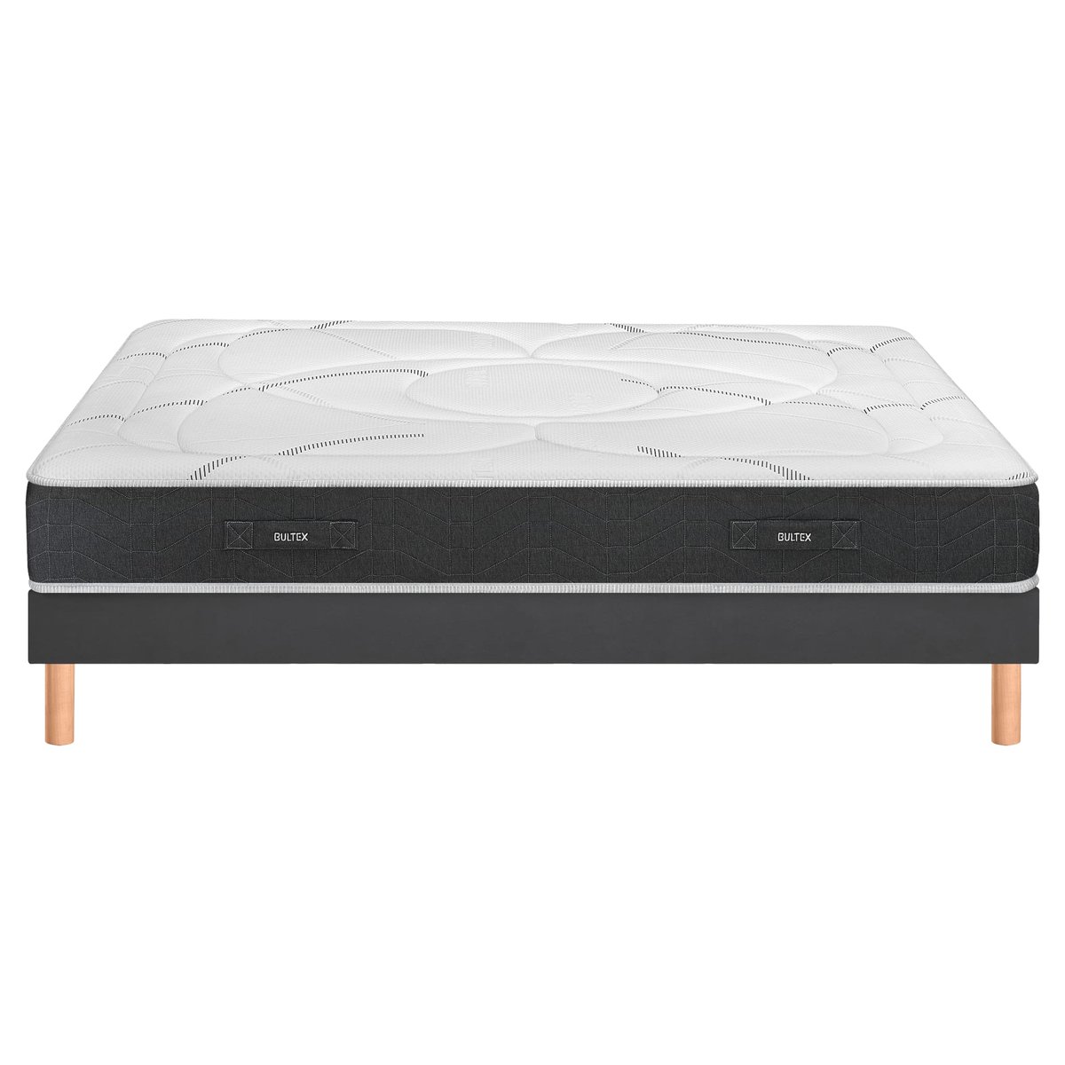 Ensemble matelas nano, mémoire de forme, coton et laine RECOVERY, sommier MEDIANO gris fumé et pieds blanc, BULTEX
