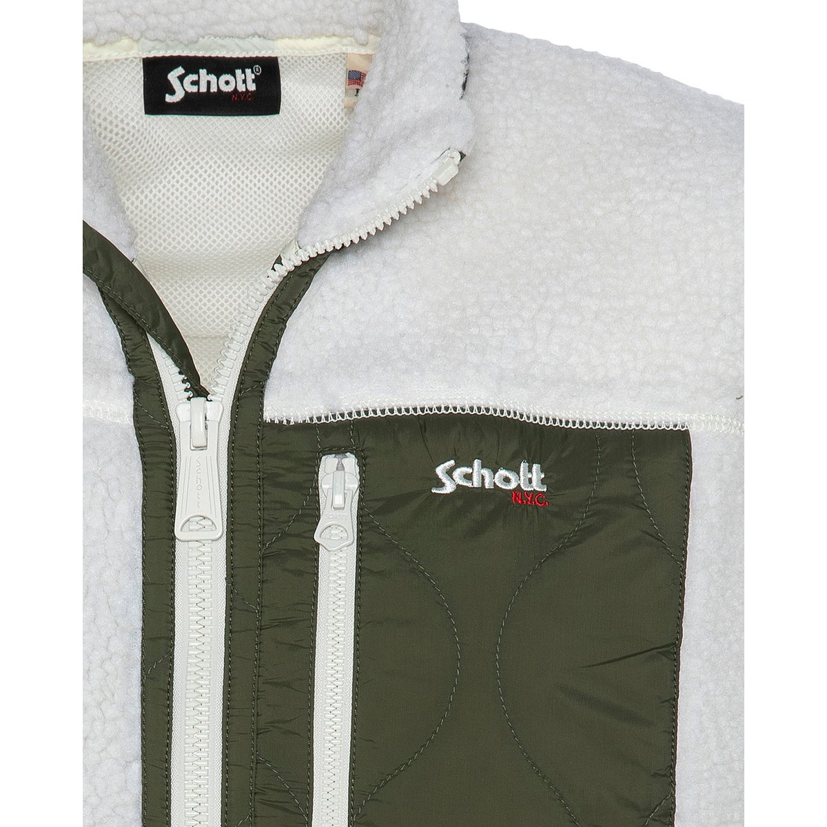 Sweatshirt zippé sans manche en sherpa blanc cassé/kaki, SCHOTT