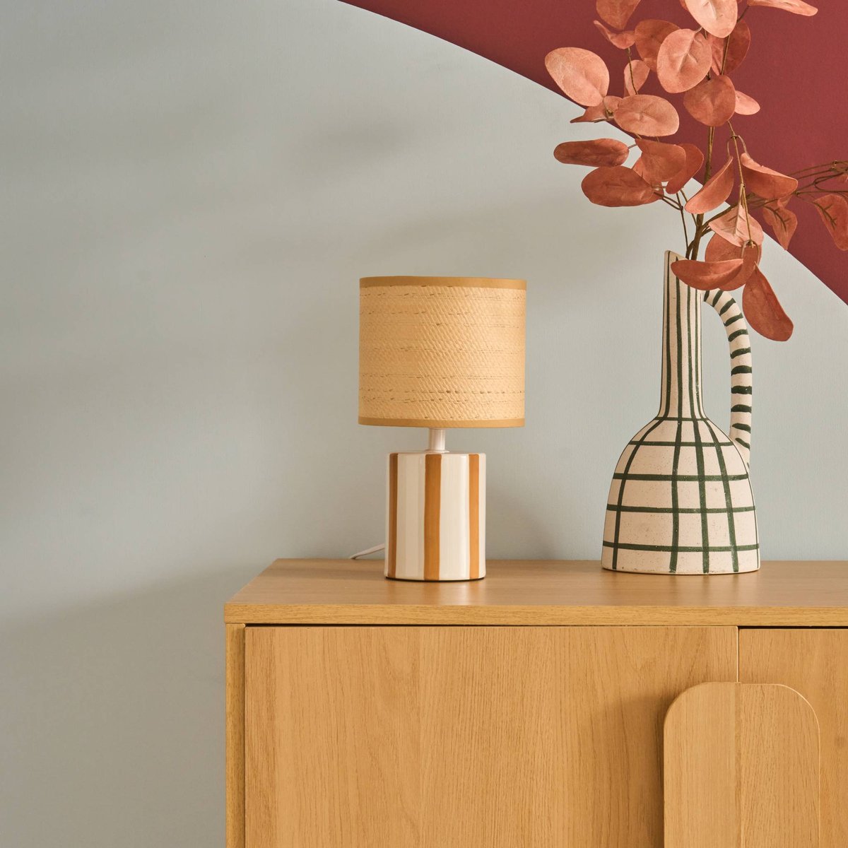 Lampe de table intérieur céramique abat-jour effet rotin H 28cm AURORE moutarde, SWEEEK