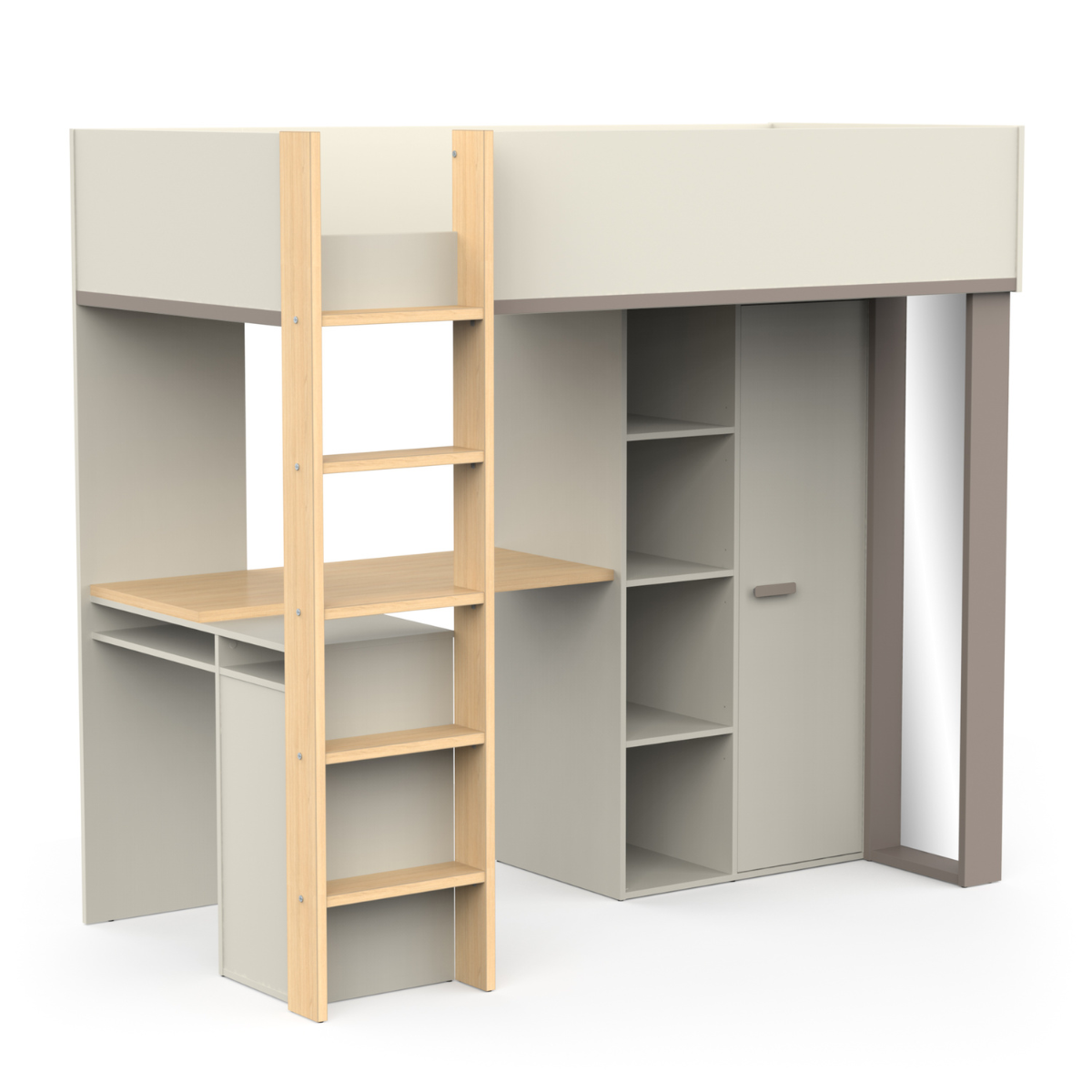 Lit mezzanine avec bureau et armoire H183 cm - CAMILLIA argile / gris / chêne, CALICOSY