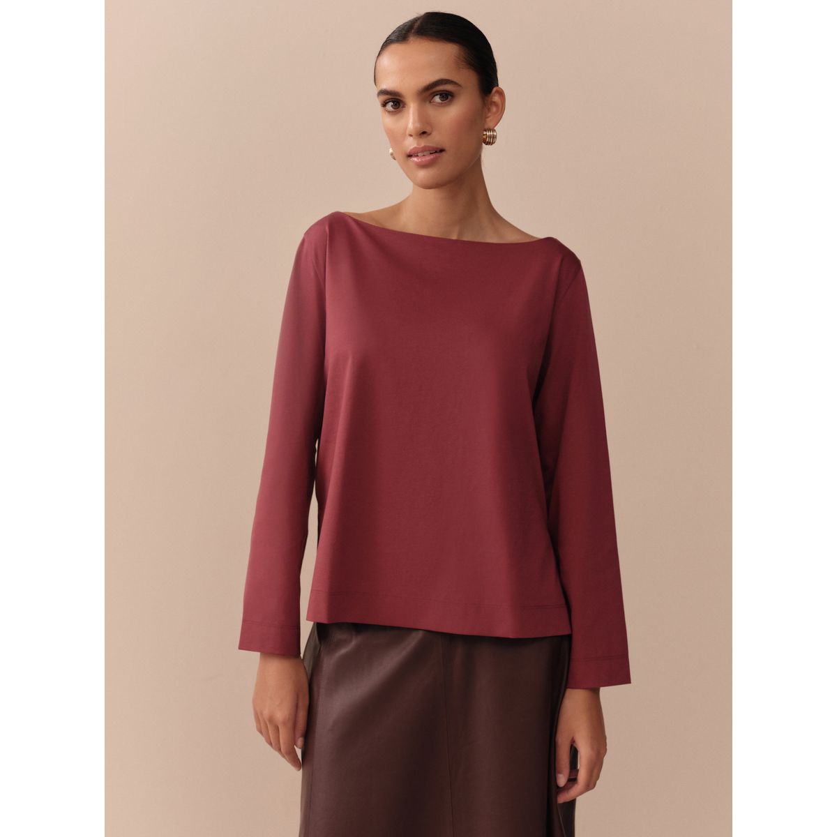 T-shirt ras du cou en supima® manches longues bordeaux, NEXT