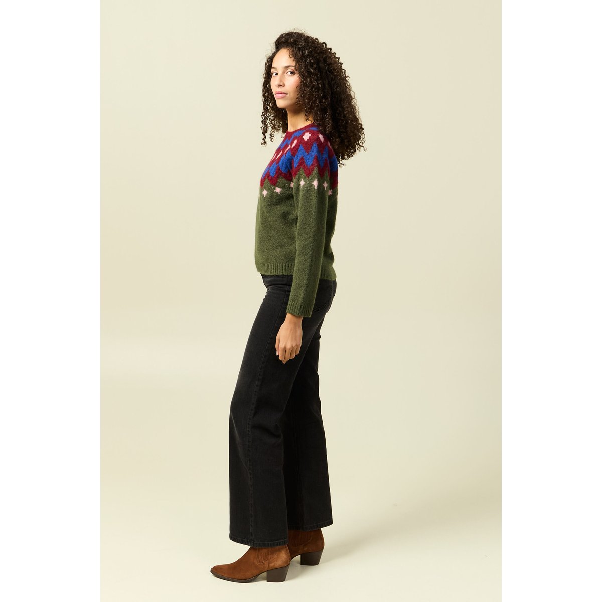 Pull col rond manches longues vert kaki, BONOBO
