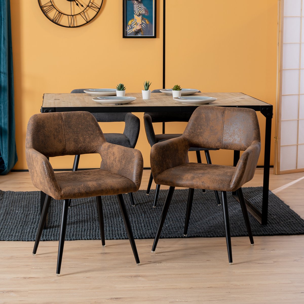 Lot de 4 chaises de salle à manger fauteuil rétro industriel, CROMWELL marron, MEUBLES COSY