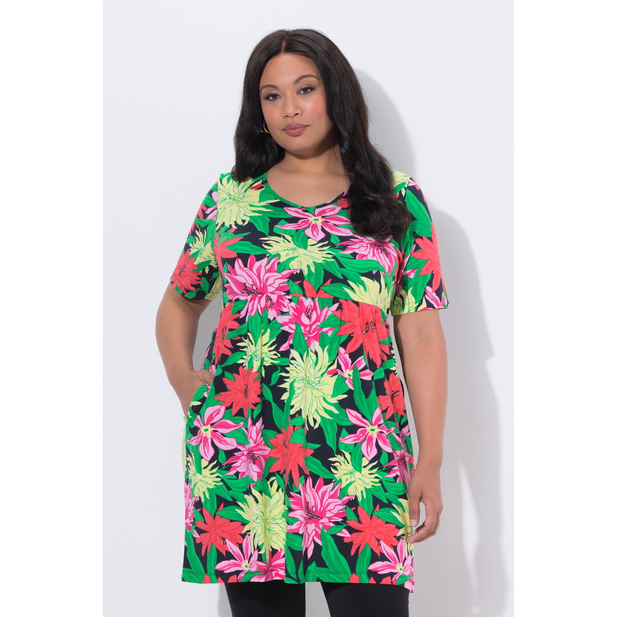T-shirt long à fleurs rose vif, ULLA POPKEN
