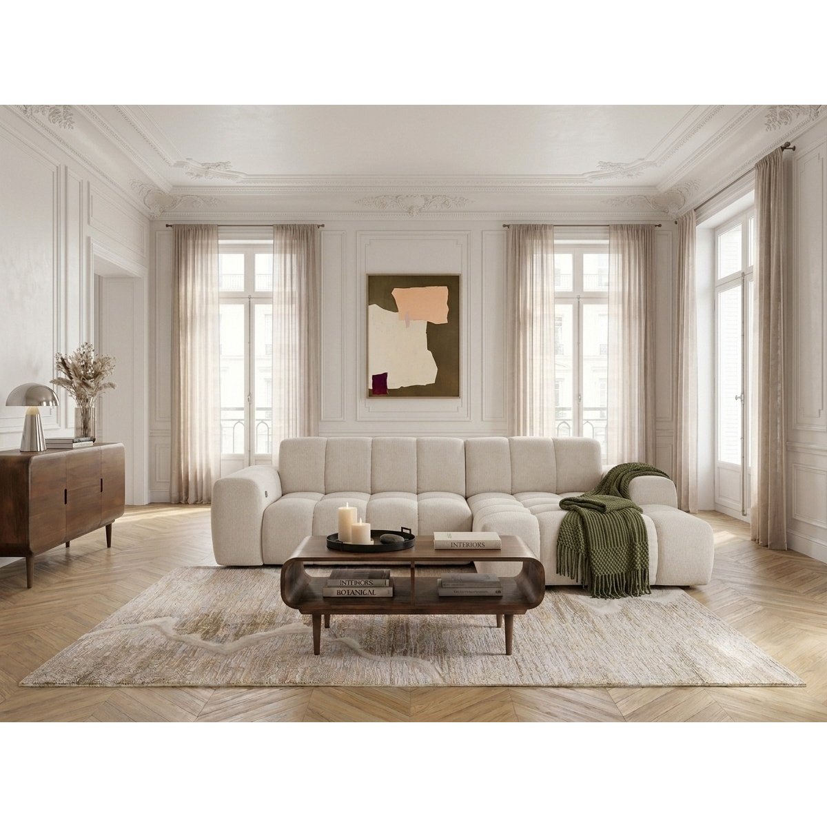 Canapé d'angle convertible 3 places en tissu chenille, THEO beige, BOBOCHIC