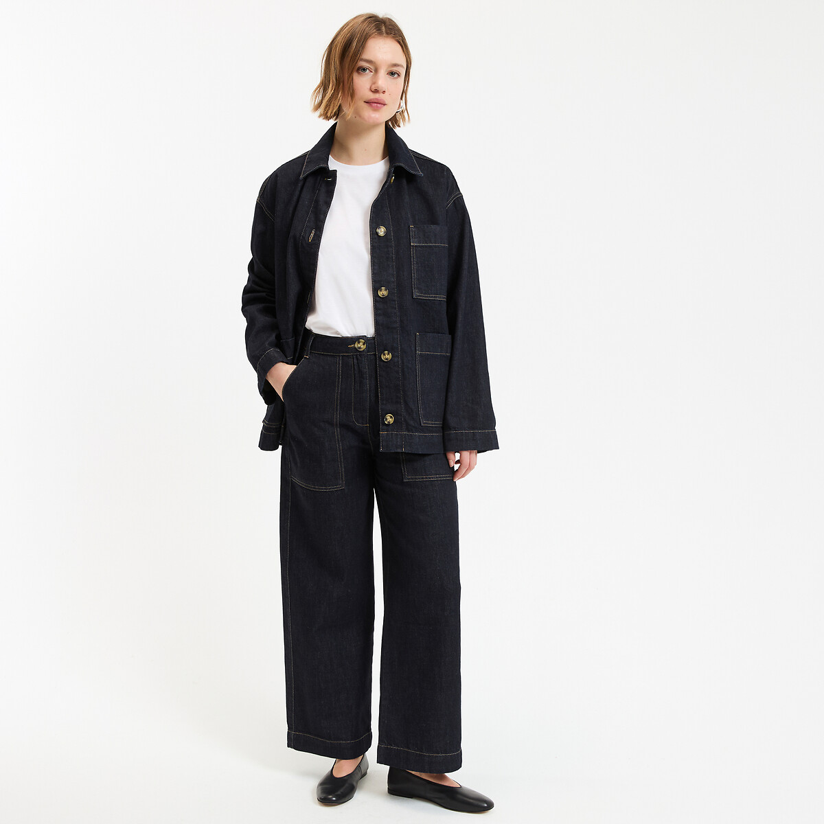 Veste style worker longue, coupe droite en denim bleu brut, LA REDOUTE COLLECTIONS