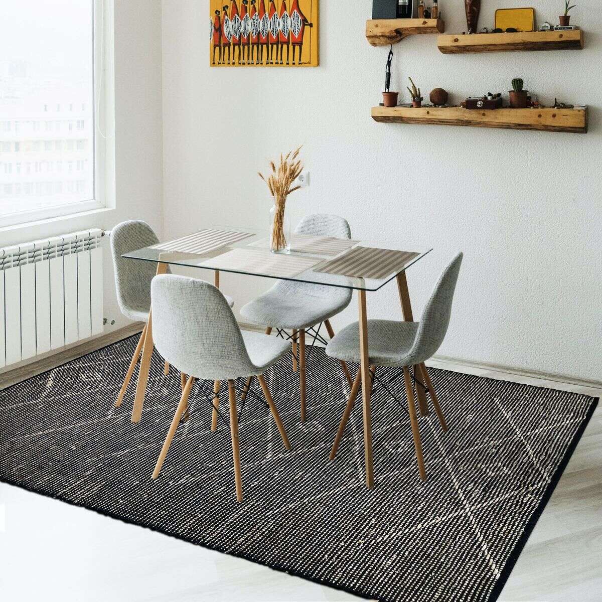 Tapis en jonc de mer motif tribal CHIC TRIBAL noir, THE DECO FACTORY