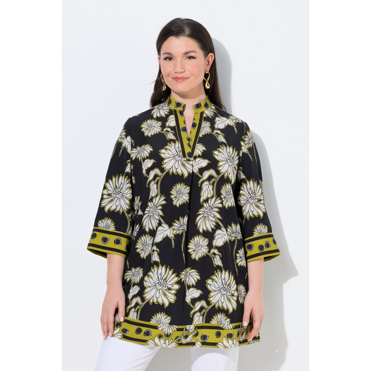Tunique en satin motif floral vert moutarde, ULLA POPKEN