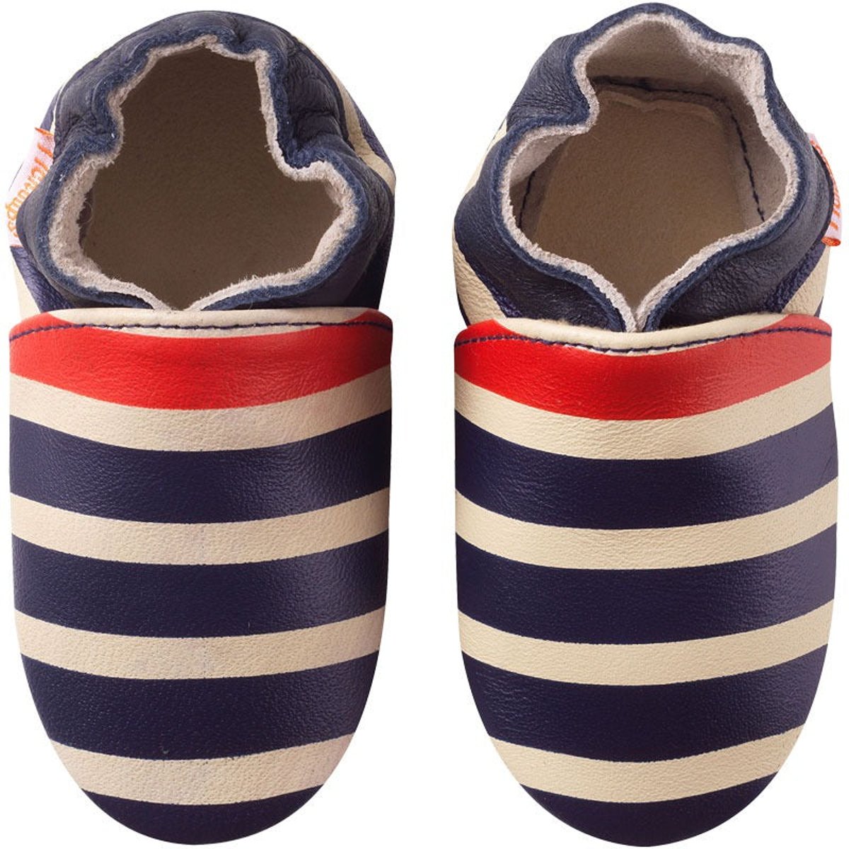 Chaussons bébé cuir souple Marcus rayé marine et rouge beige, TICHOUPS