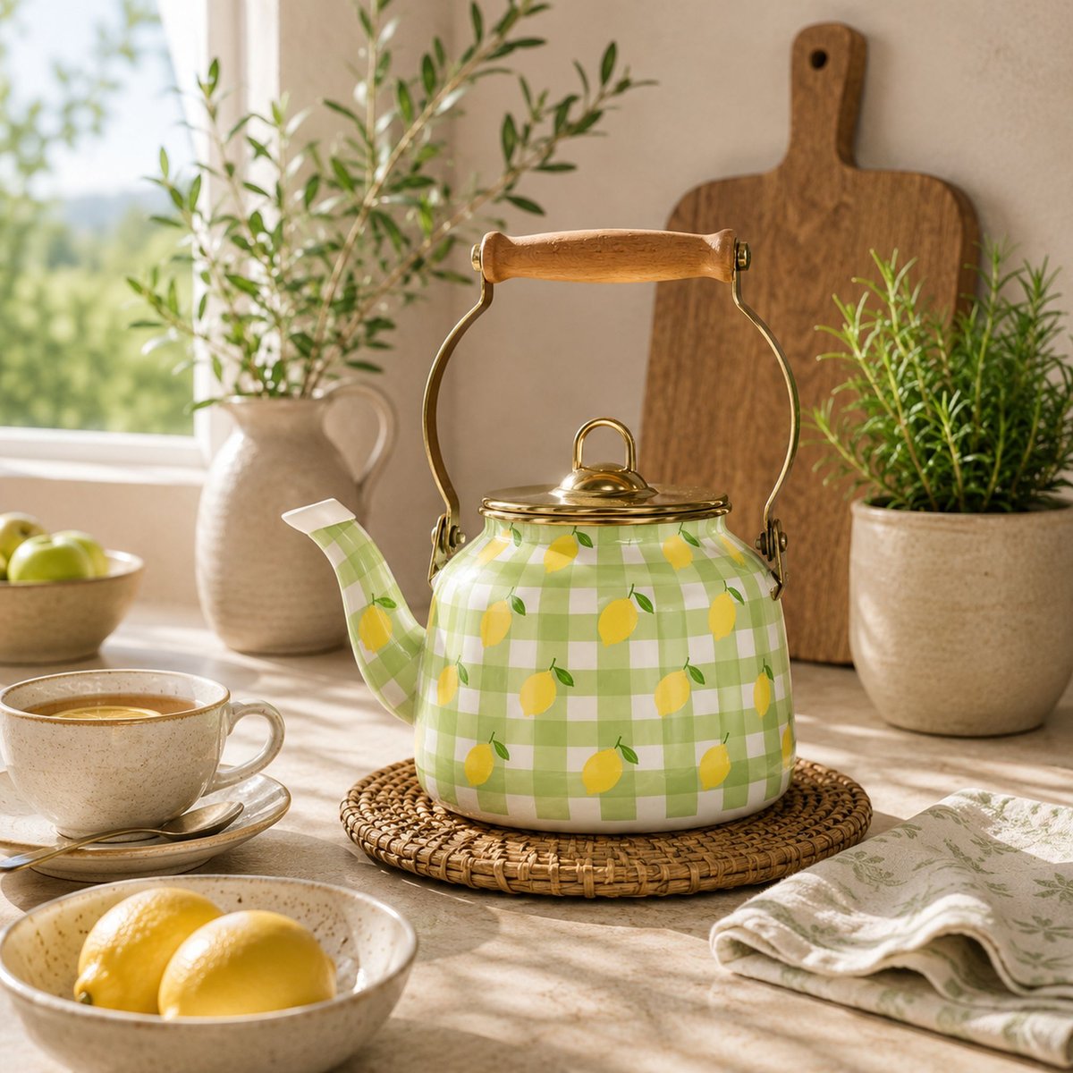 Bouilloire 2,5L en acier émaillé, VICHY CERISE vert, MENASTYL