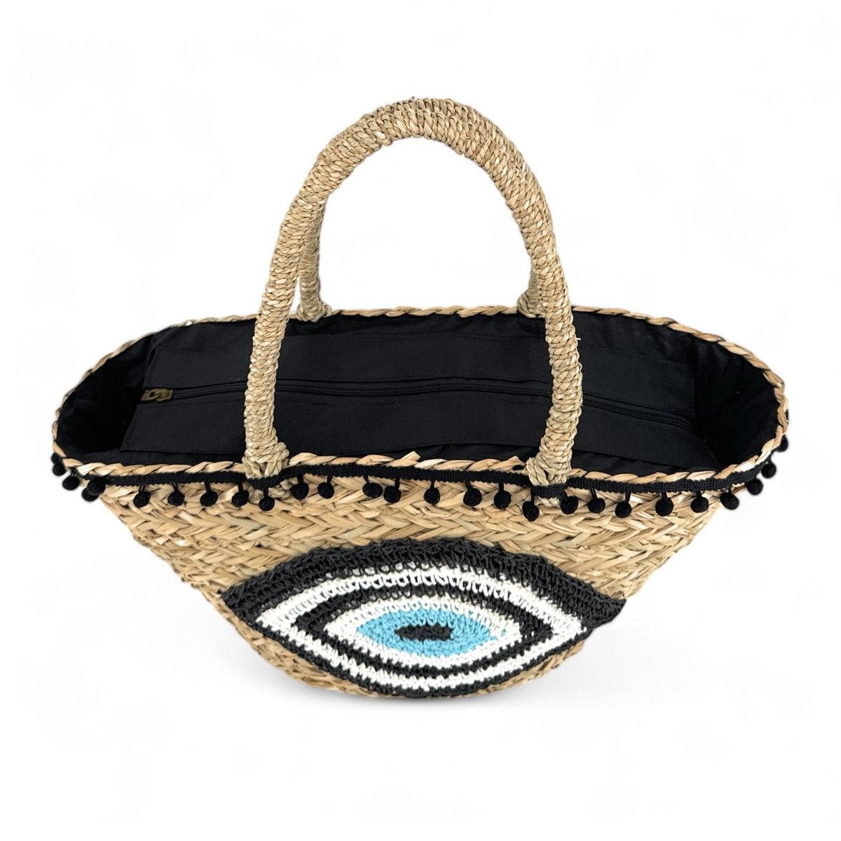 Panier en paille et broderies MATI noir, OH MY BAG