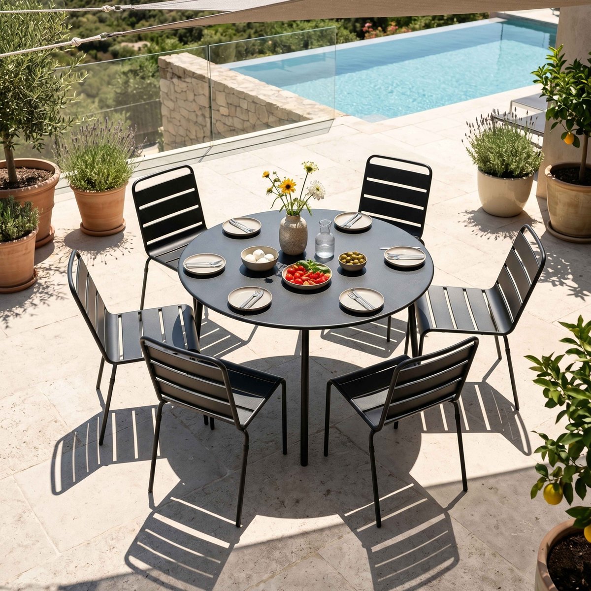 Salon de jardin table ronde et 6 chaises en métal, PALAVAS gris anthracite, OVIALA