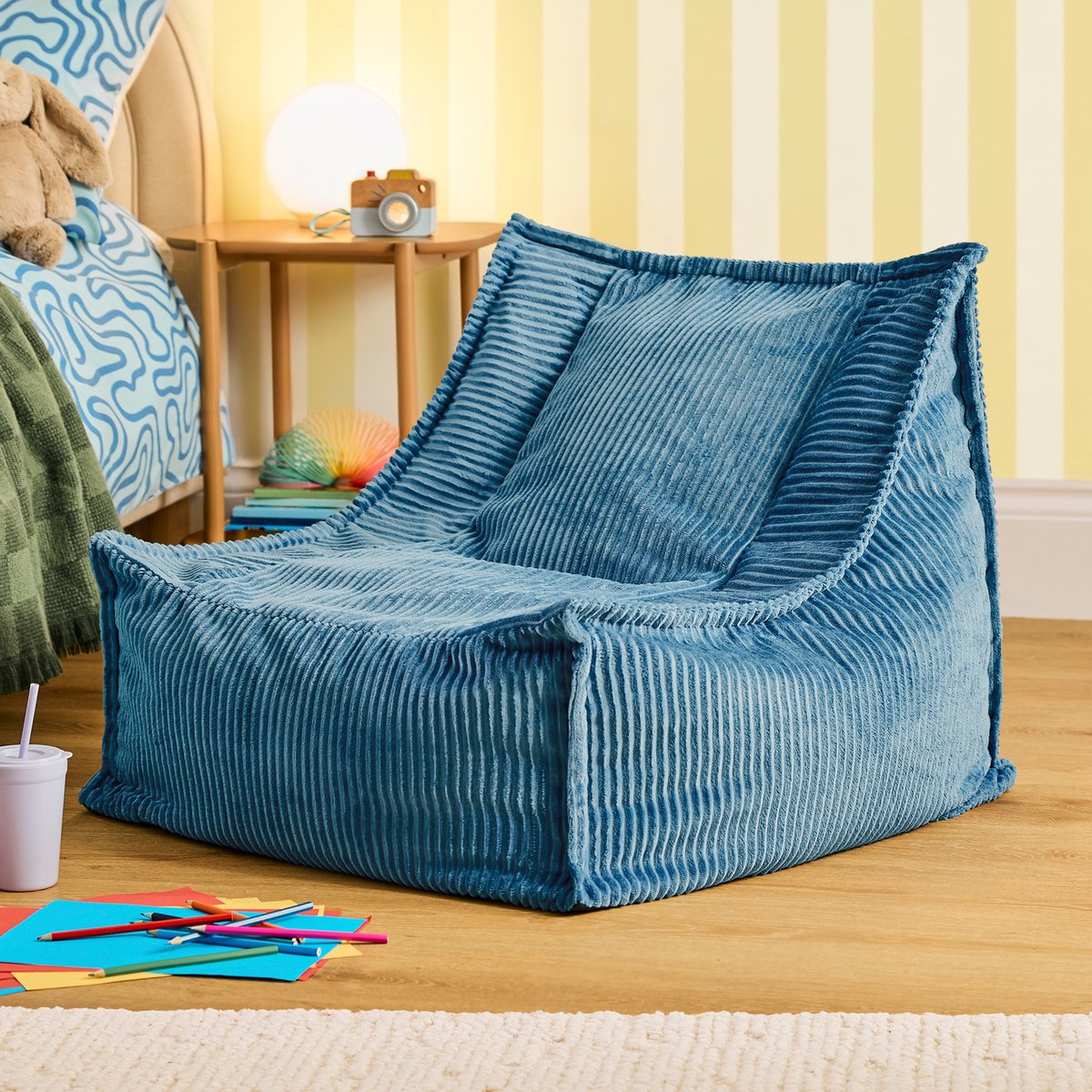 Pouf fauteuil grand enfant en velours côtelé Oeko-Tex® - ALTO bleu jeans, ICON