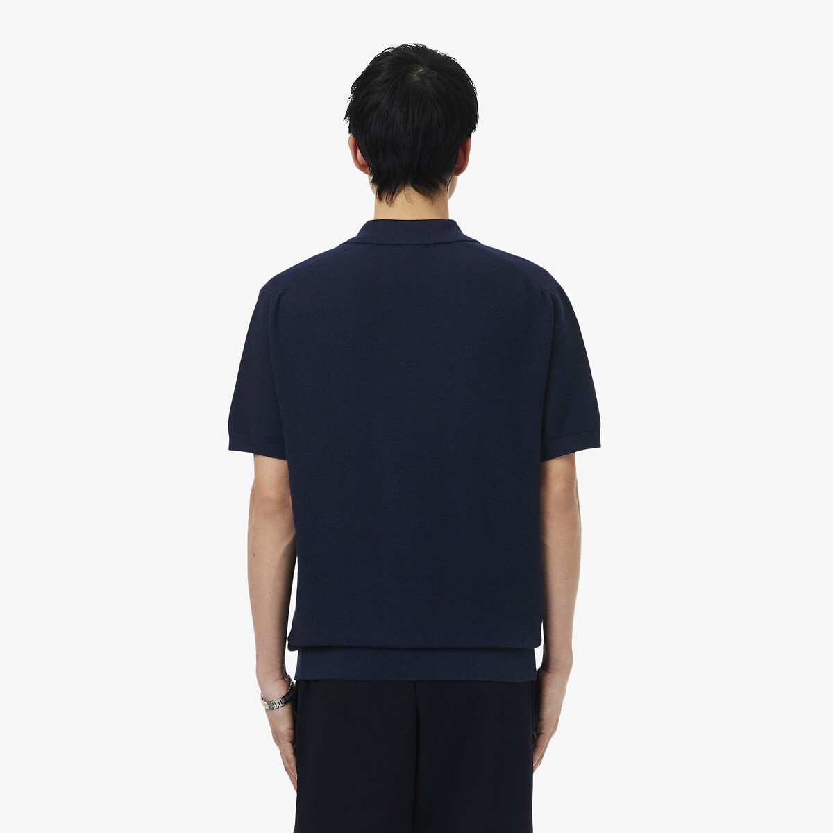 Cotton Fine Knit Garter Stitch Polo Jumper navy blue, LACOSTE