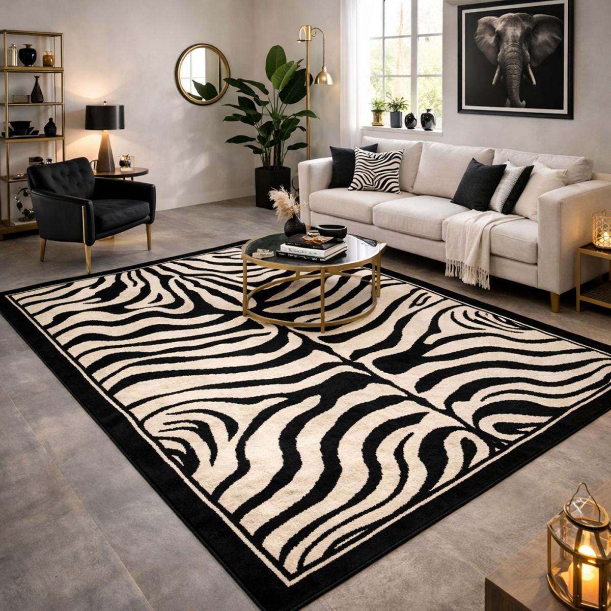 Tapis salon et chambre tissé motif animaux LYN1 ZEBRO noir, UN AMOUR DE TAPIS