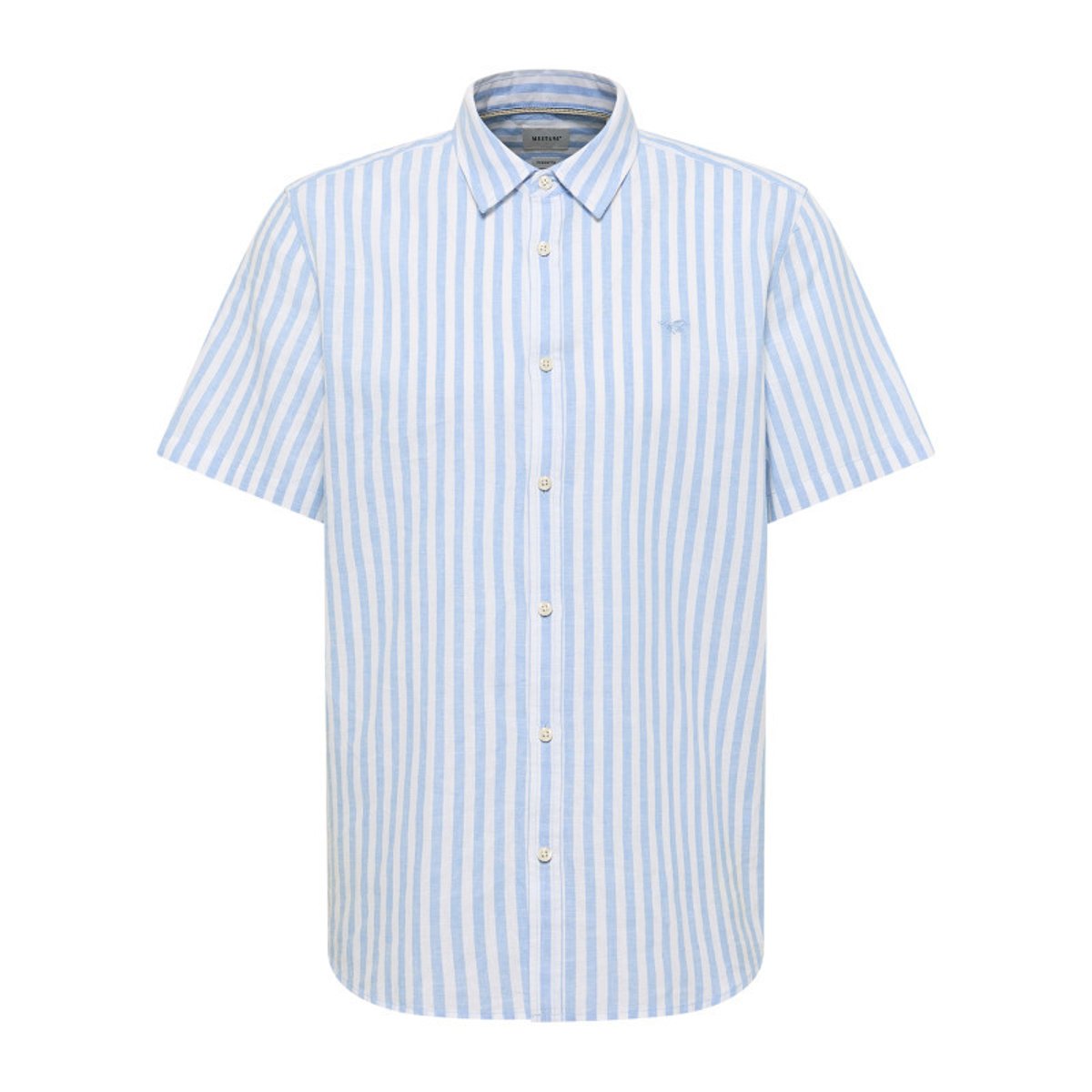 Chemise en coton et lin mélangé ciel à rayures pourvue de manches courtes bleu clair, MUSTANG