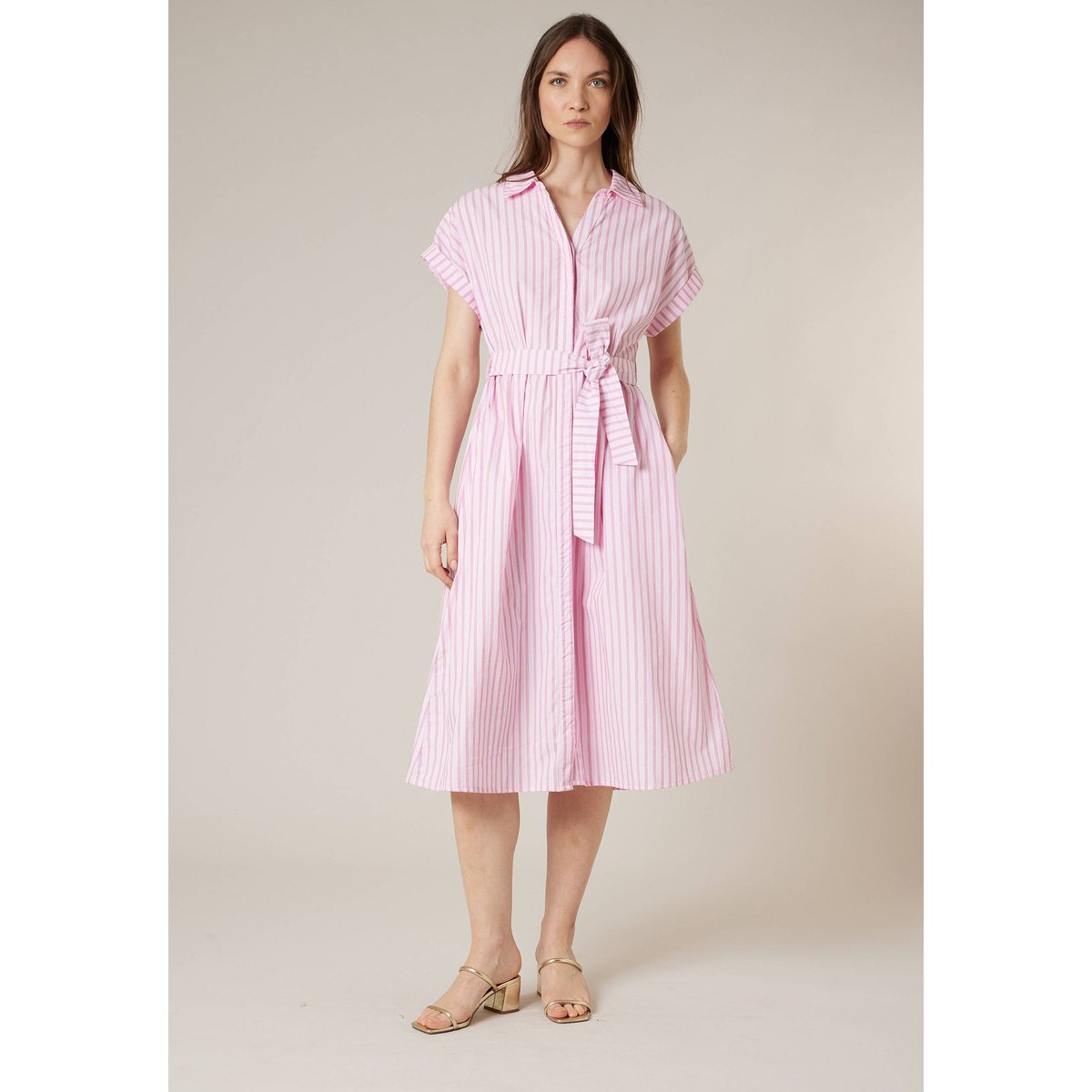 Robe chemise droite femme en 100% coton rayé ORIGA rose, DEELUXE