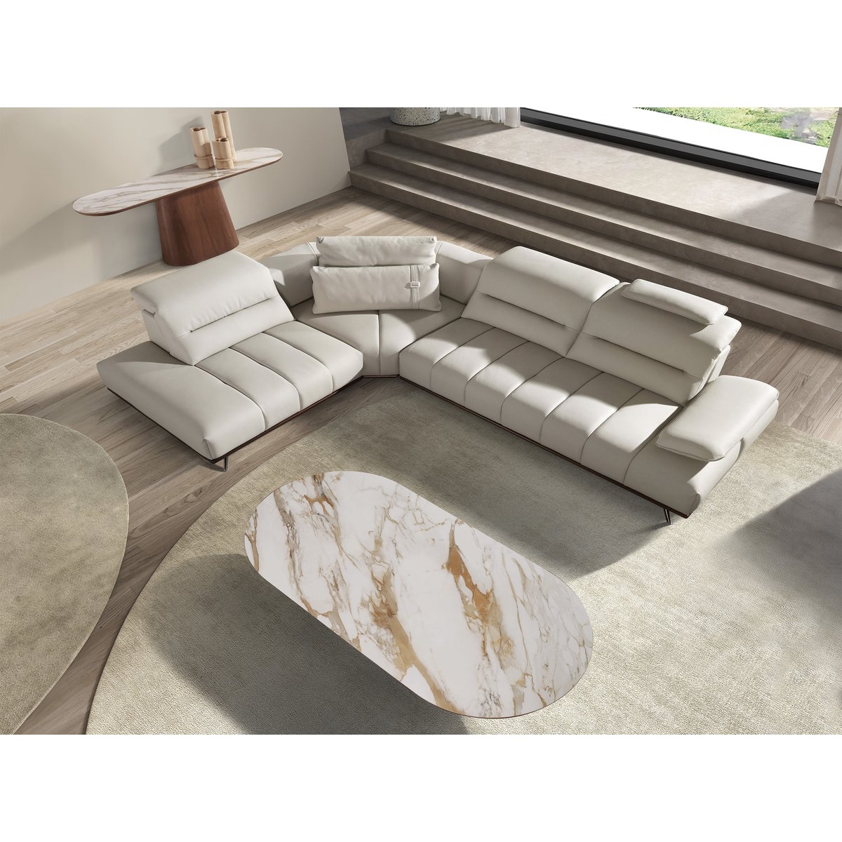 Canapé d'angle en cuir gris clair | acier foncé, ANGEL CERDA