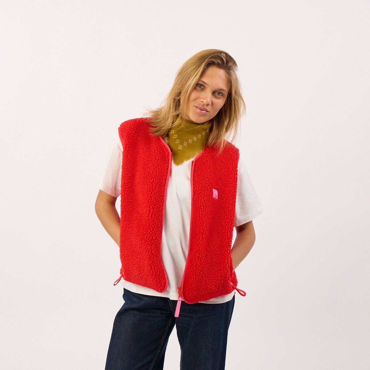 Veste sherpa zippée sans manches rouge, BILLYBELT