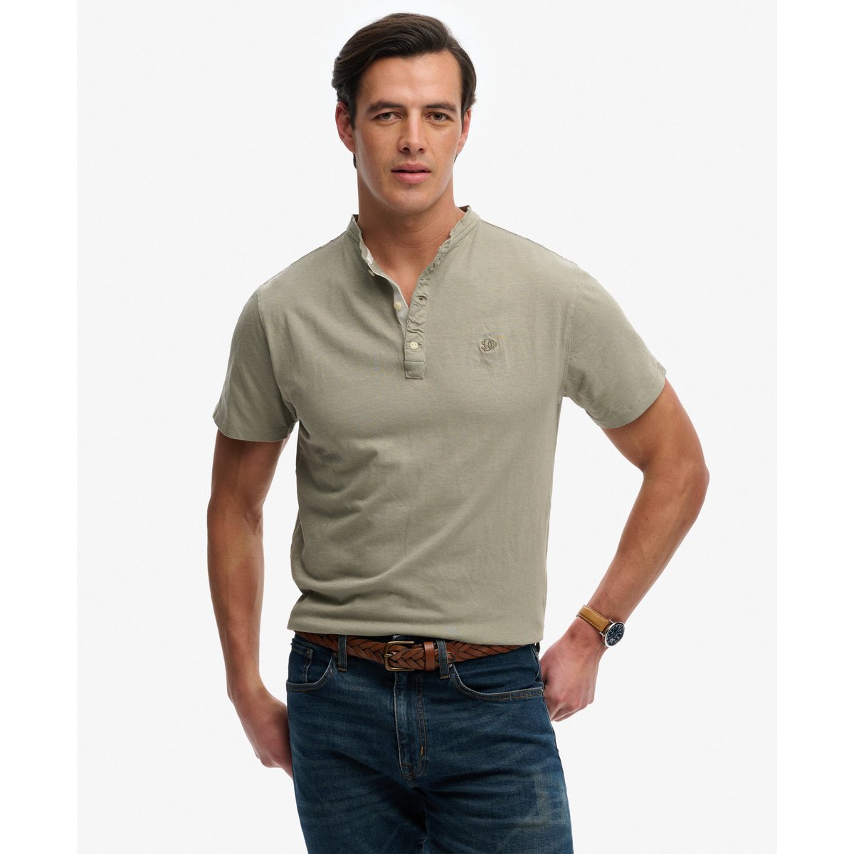 T-shirt Henley à manches courtes en coton et lin kaki clair, SUPERDRY