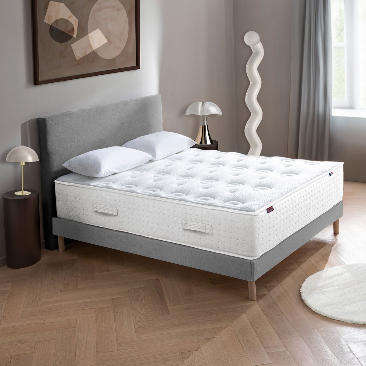 Ensemble Lit - Matelas ferme + sommier + Tête de lit - Blanc/Gris LE VERITABLE gris foncé, blanc, DODO