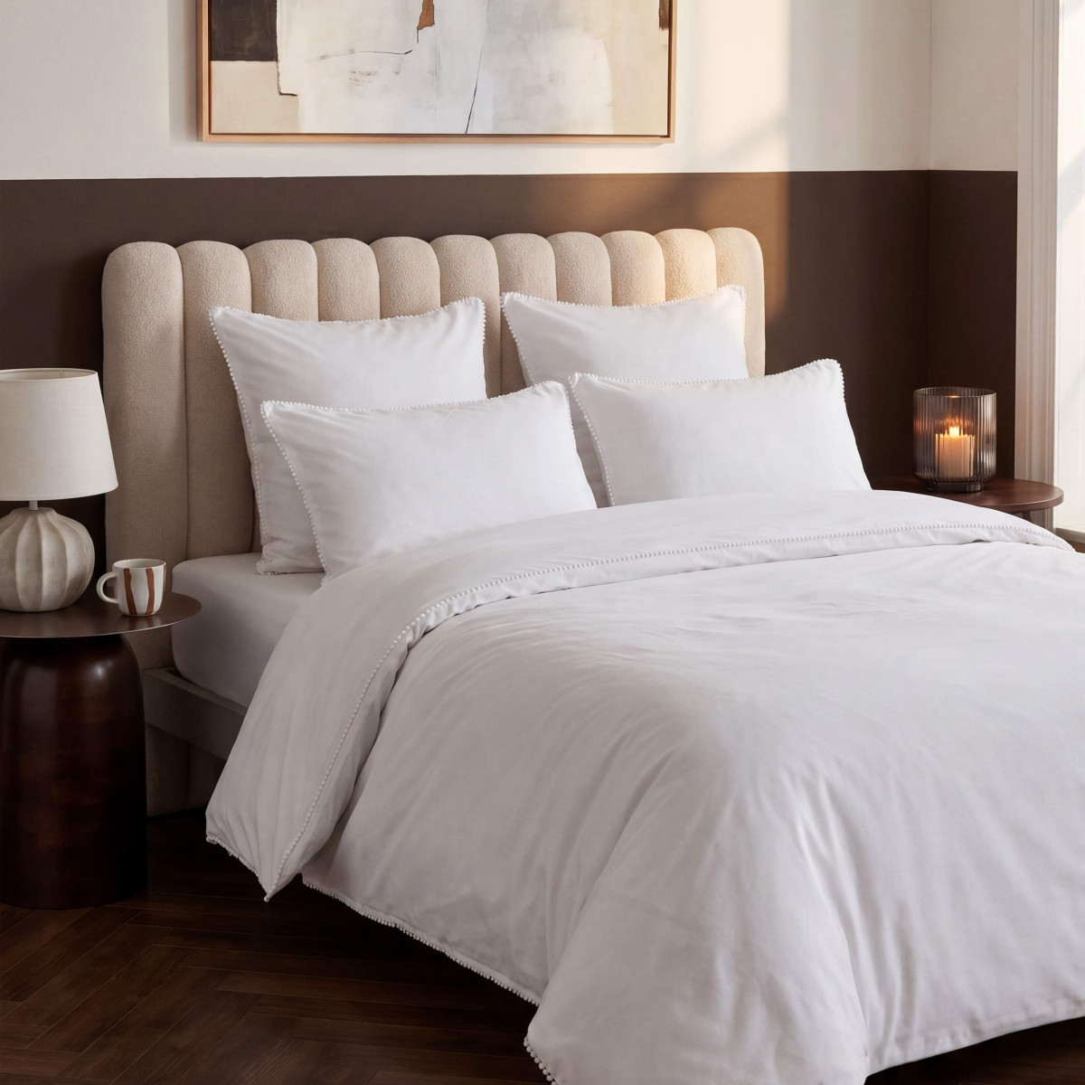 Parure housse de couette percale de coton avec 2 taies 65x65 cm PIUMMI blanc/blanc, SENSEI MAISON