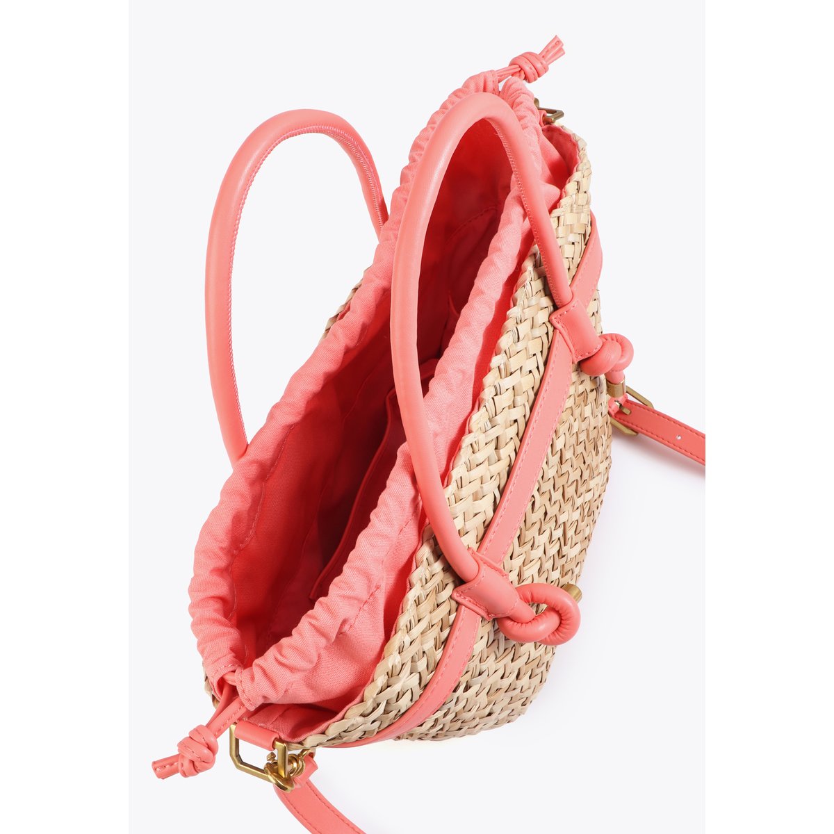Mini panier tressé avec poignées et détails effet cuir rose, LOLA CASADEMUNT