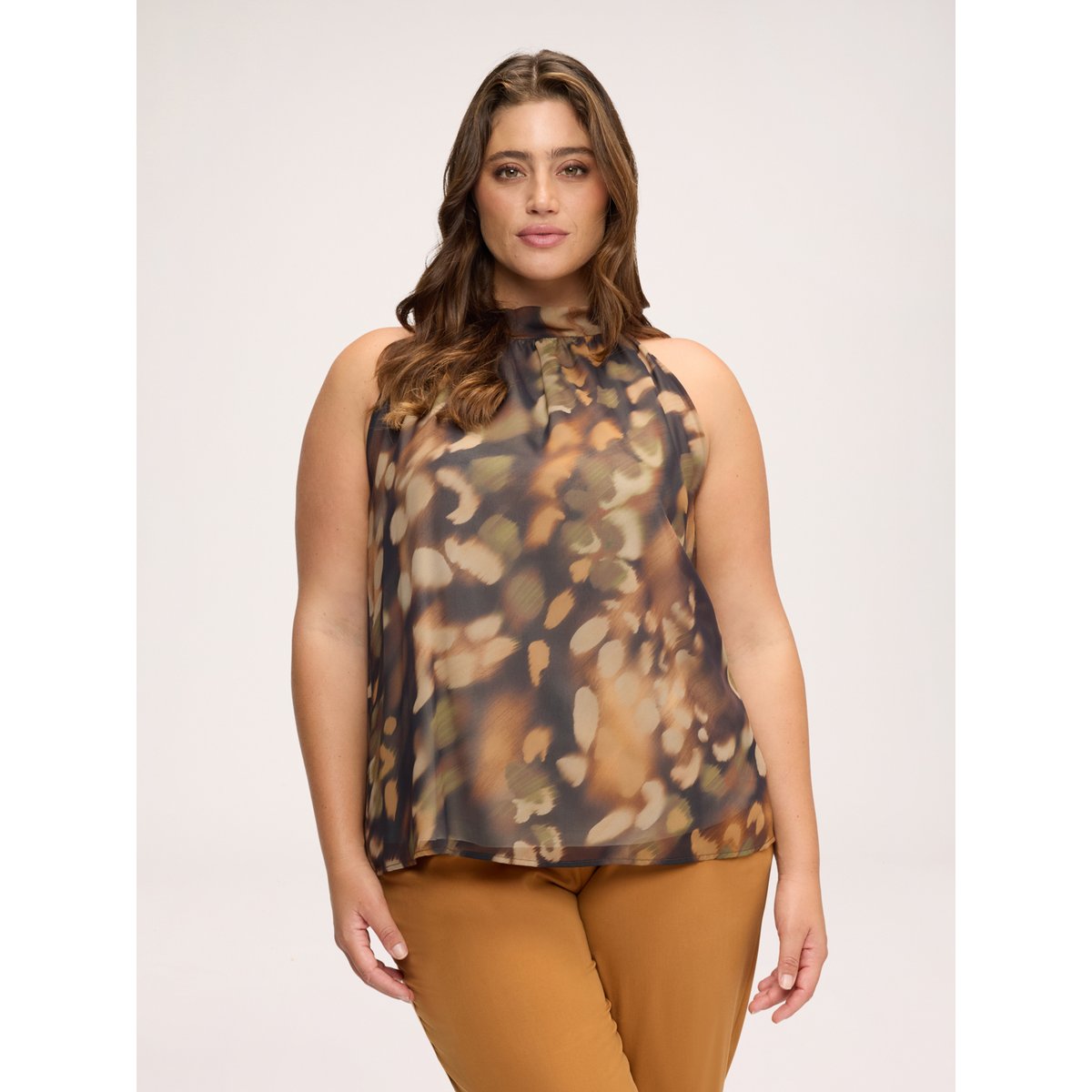 Blouse à imprimé all over avec col mao marron, FIORELLA RUBINO