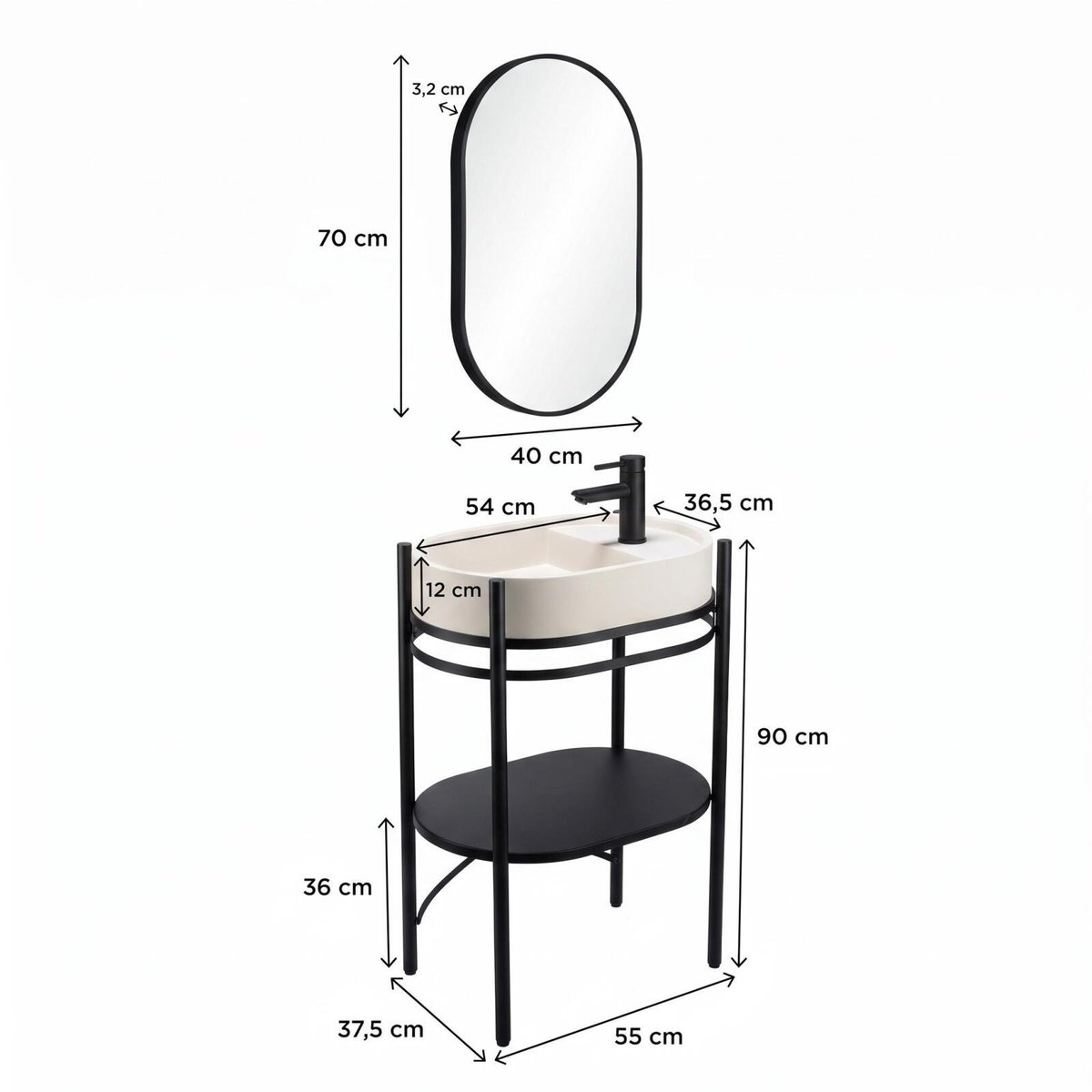 Meuble simple vasque sur pieds 55cm en métal noir et vasque béton et robinet noir et miroir beige, MOB IN