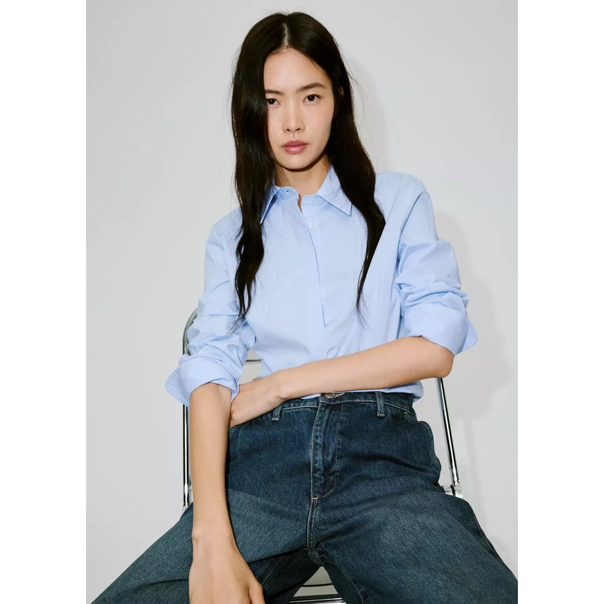 Chemise popeline cintrée bleu ciel, MANGO