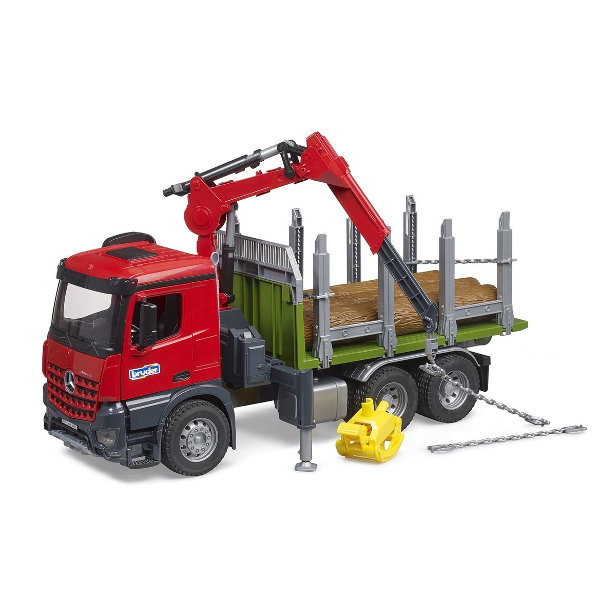 Camion de transport de bois MB Arocs avec grue de chargement, grappin et 3 troncs d'arbre multicolore, BRUDER