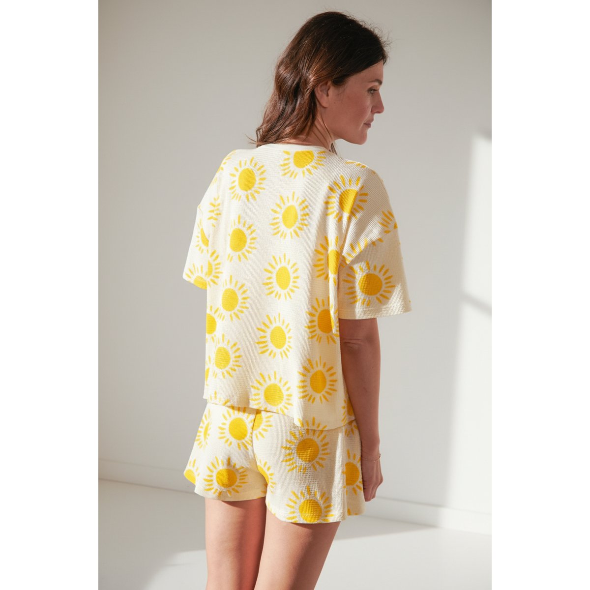 Pyjama coton gaufré imprimé soleil blanc motifs soleil, WE ARE JOLIES