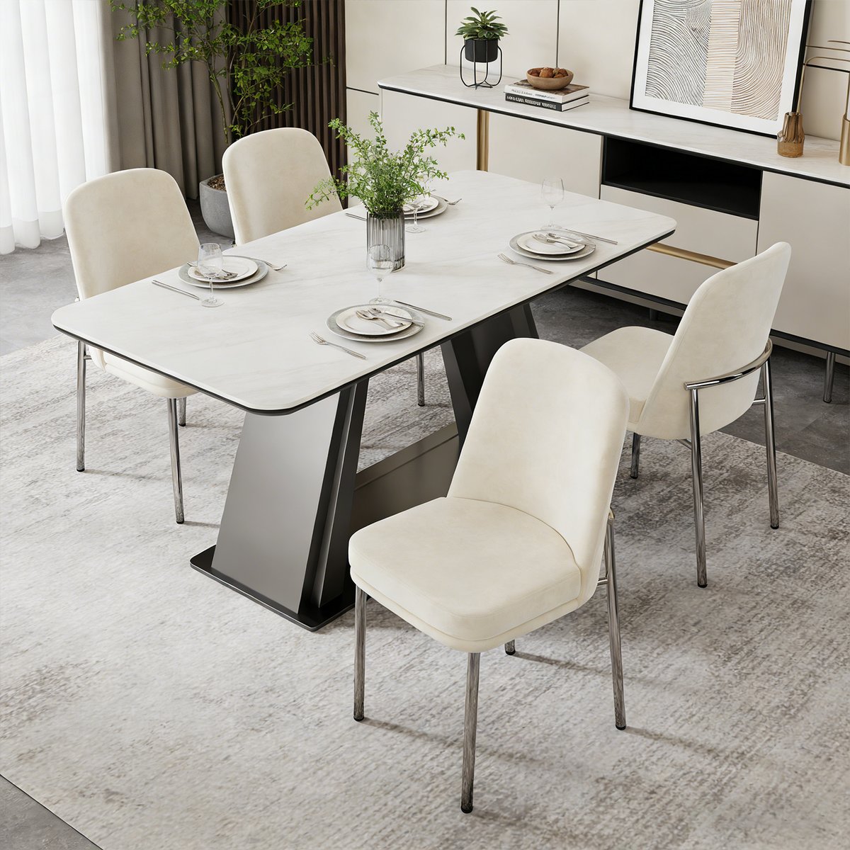 Lot de 4 chaises de salle à manger en velours avec pieds métal, DUORAUC beige, MEUBLES COSY
