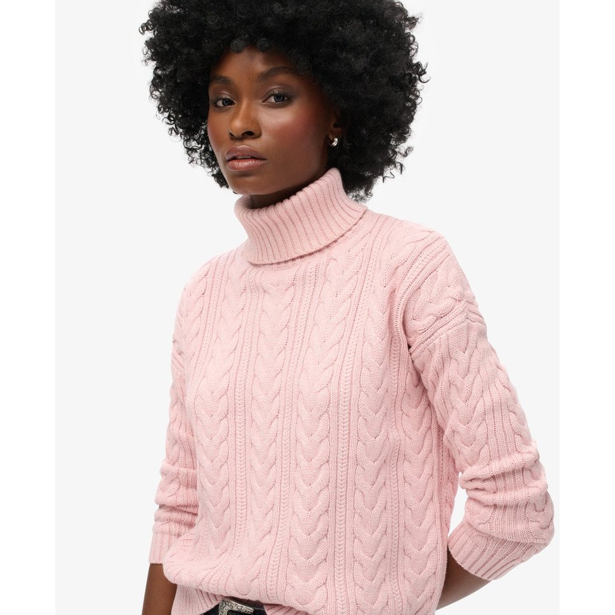 Pull col roulé maille torsadée nappa rose twist, SUPERDRY