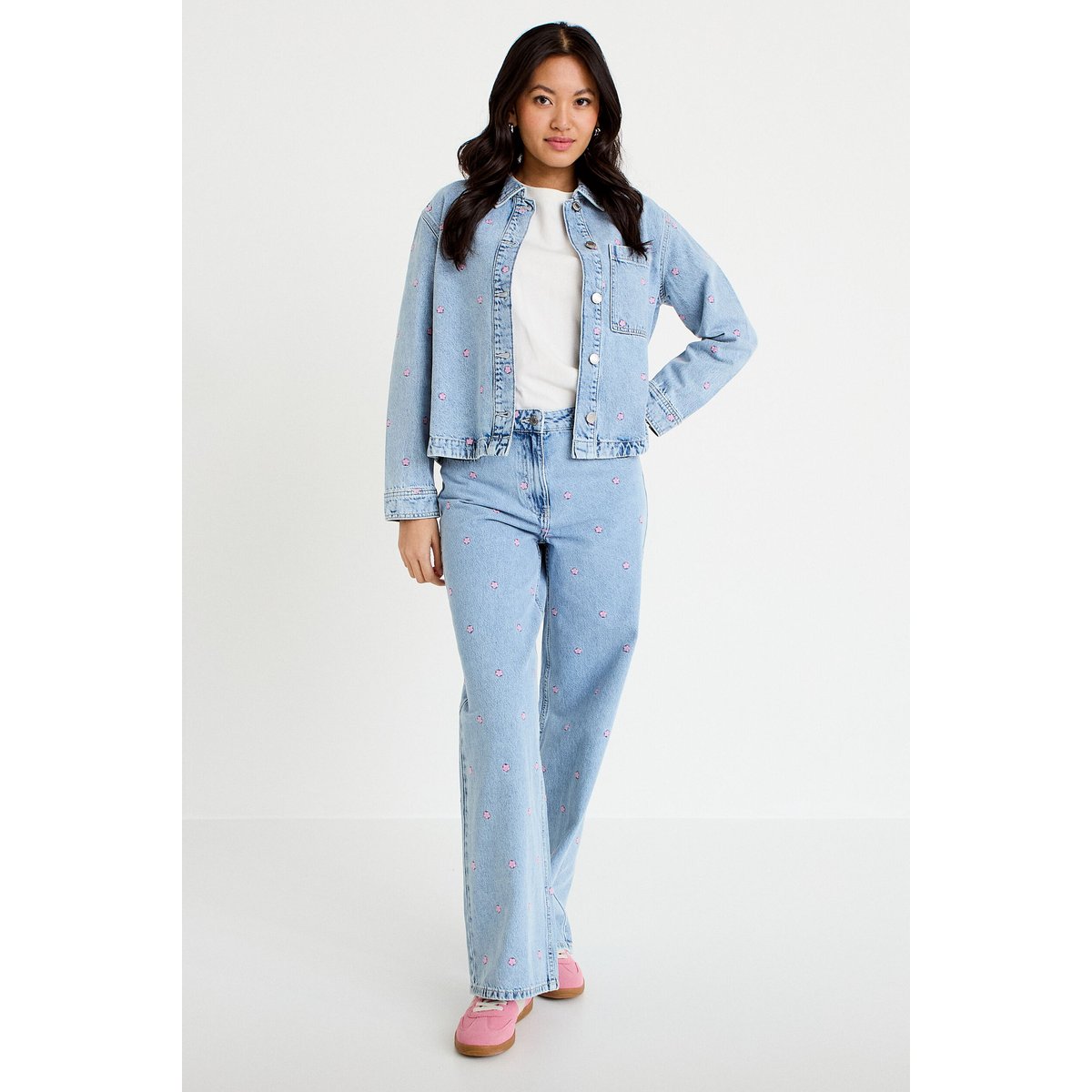 Jean wide leg taille haute brodé bleu foncé, CACHE CACHE